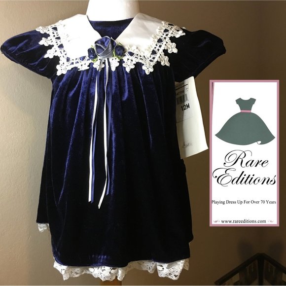 RARE EDITIONS Blue Velvet Dress with Matching Headband NEW WITH TAGS!